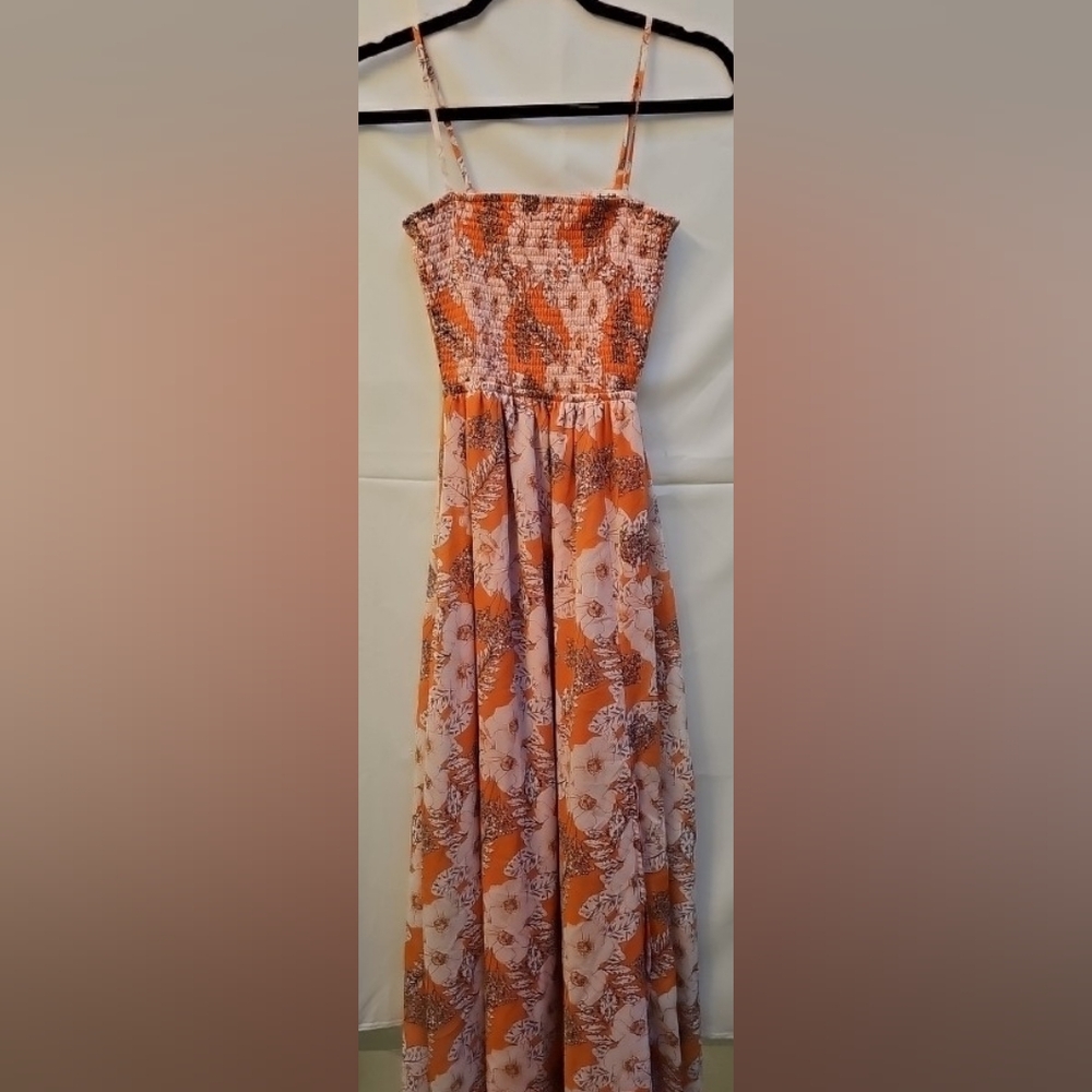 Charlotte Russe Tangerine Orange and White Floral Summer Spring Maxi Dress